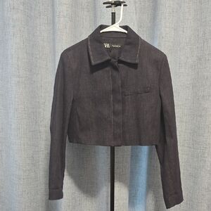 Zara Cropped Dark Blue Cropped Blazer With Orange Stitch Detail Looks New Size S